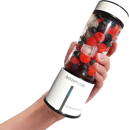 ROSEVIEW Blender Smoothie Portable jet blend smoothies Glass bottle Mini USB rechargeable Handheld 2 speed battery powered hand Mixer Shakes Cup fruit juicer Cordless maker (CA, White)