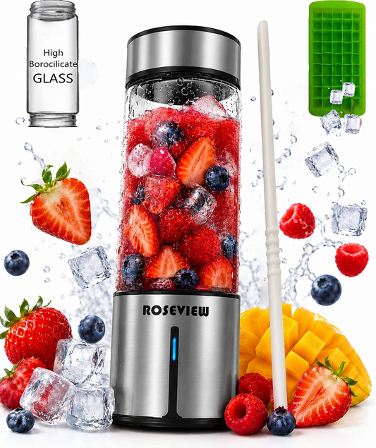 ROSEVIEW Portable Blender Smoothy blenders Glass Bottle Smoothie Mini Juicer Smoothies Mixer Maker Cordless juicer Travel Fruit Personal mixeur Cup melangeur Shake USB Rechargeable (CA, Metallic Steel)