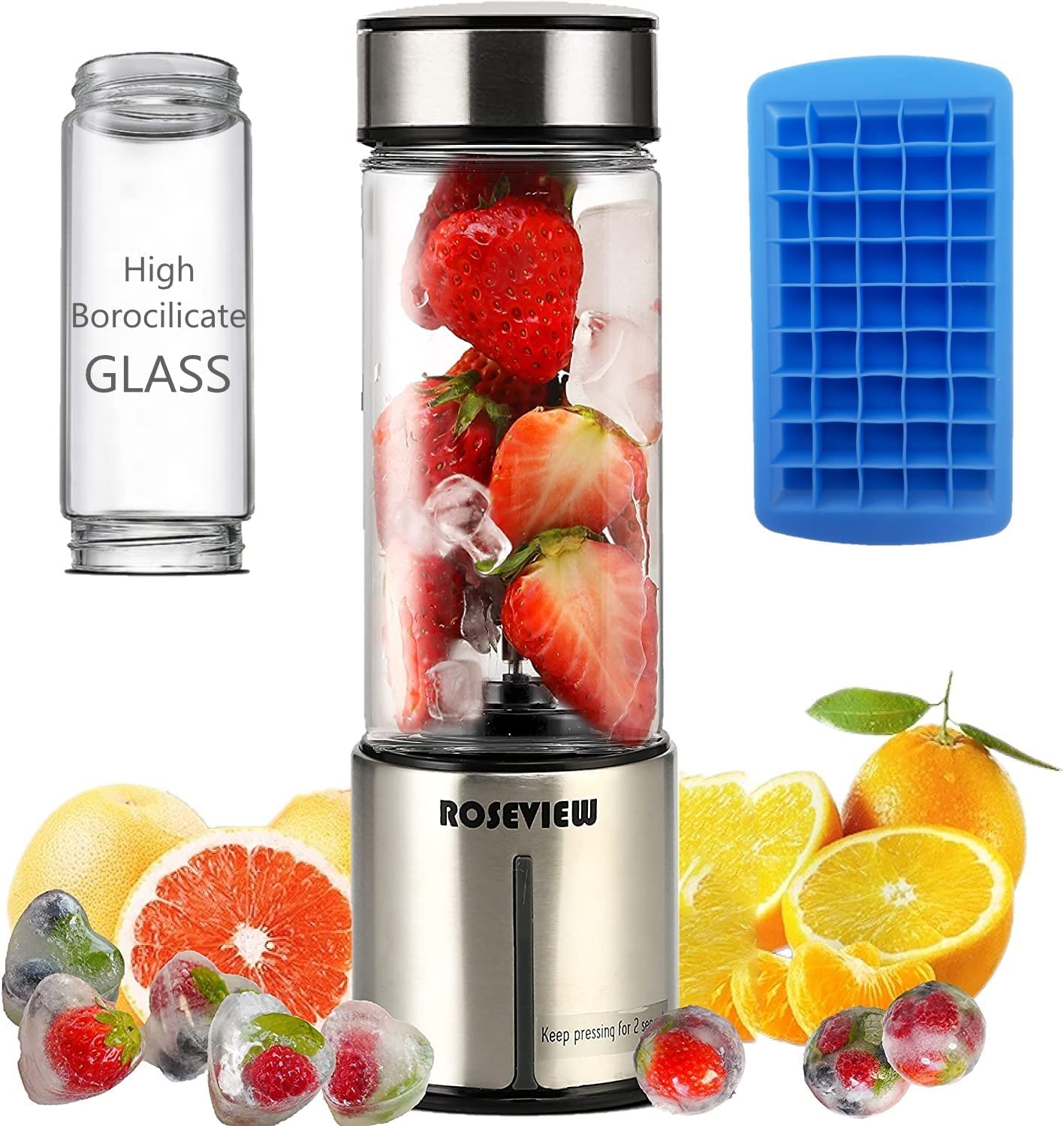 ROSEVIEW Blender Smoothie Portable pour smoothies Bouteille en verre Mini USB rechargeable Portable 2 vitesses alimenté par batterie Mélangeur à main Shakes Cup Presse-agrumes sans fil Mélangeur à jet (US, Inox)