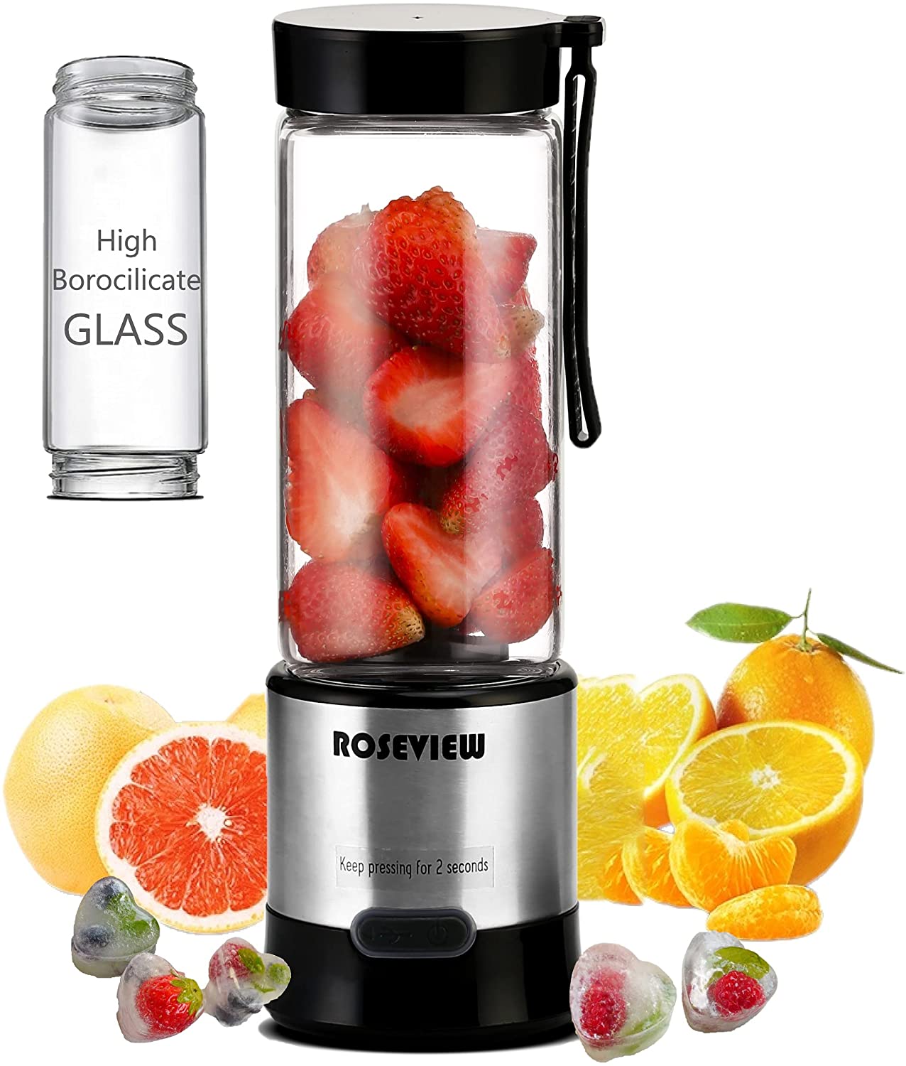 Portable Smoothie Blender ROSEVIEW Glass Cordless Mini Shakes Cup blend for smoothies USB rechargeable juicer 2 battery Handheld Personal travel Jet mixer