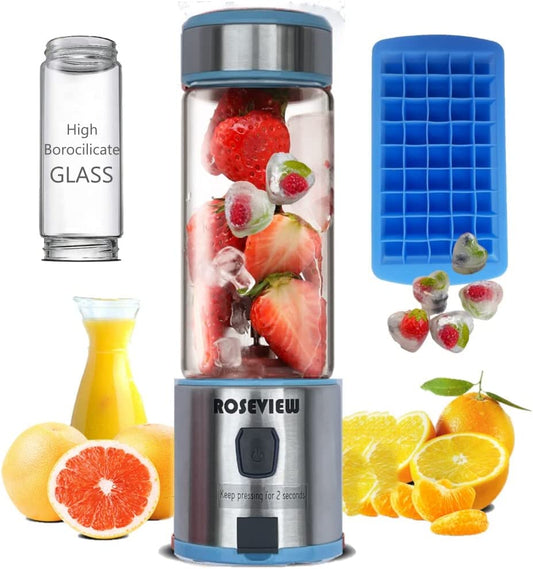 ROSEVIEW Smoothie Blender for smoothies, 15Oz handheld Glass jar Bottle, Mini Cordless USB rechargeable, One touch 2 Speed jet Blend, Fresh Healthy Travel Anywhere. Portable Glass bottle Mini USB rechargeable Handheld battery powered hand Shakes Cup mélangeur juicer Cordless melangeur portatif maker Fruit Juice Mixer
