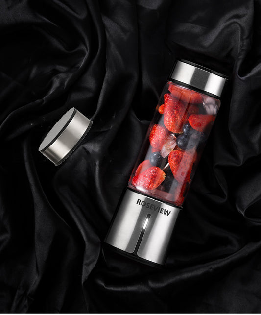 ROSEVIEW Blender Smoothie Portable pour smoothies Bouteille en verre Mini USB rechargeable Portable 2 vitesses alimenté par batterie Mélangeur à main Shakes Cup Presse-agrumes sans fil Mélangeur à jet (Royaume-Uni, Inox)