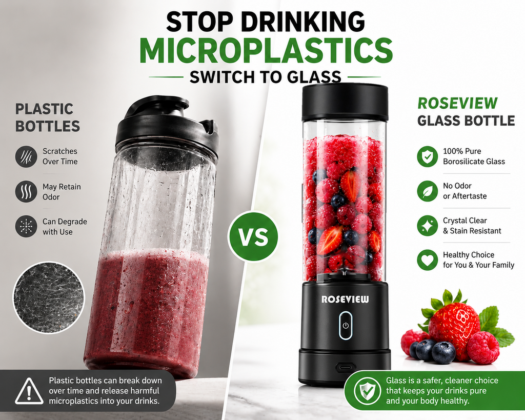Portable Smoothie blender ROSEVIEW Glass bottle 200W Power USB rechargeable mini Handheld Ice Shakes Cup blend juicer Cordless blender Personal smoothies maker Fruit mixer