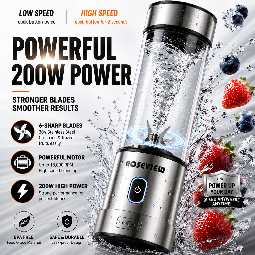 Portable Smoothie blender ROSEVIEW Glass bottle 200W Power USB rechargeable mini Handheld Ice Shakes Cup blend juicer Cordless blender Personal smoothies maker Fruit mixer