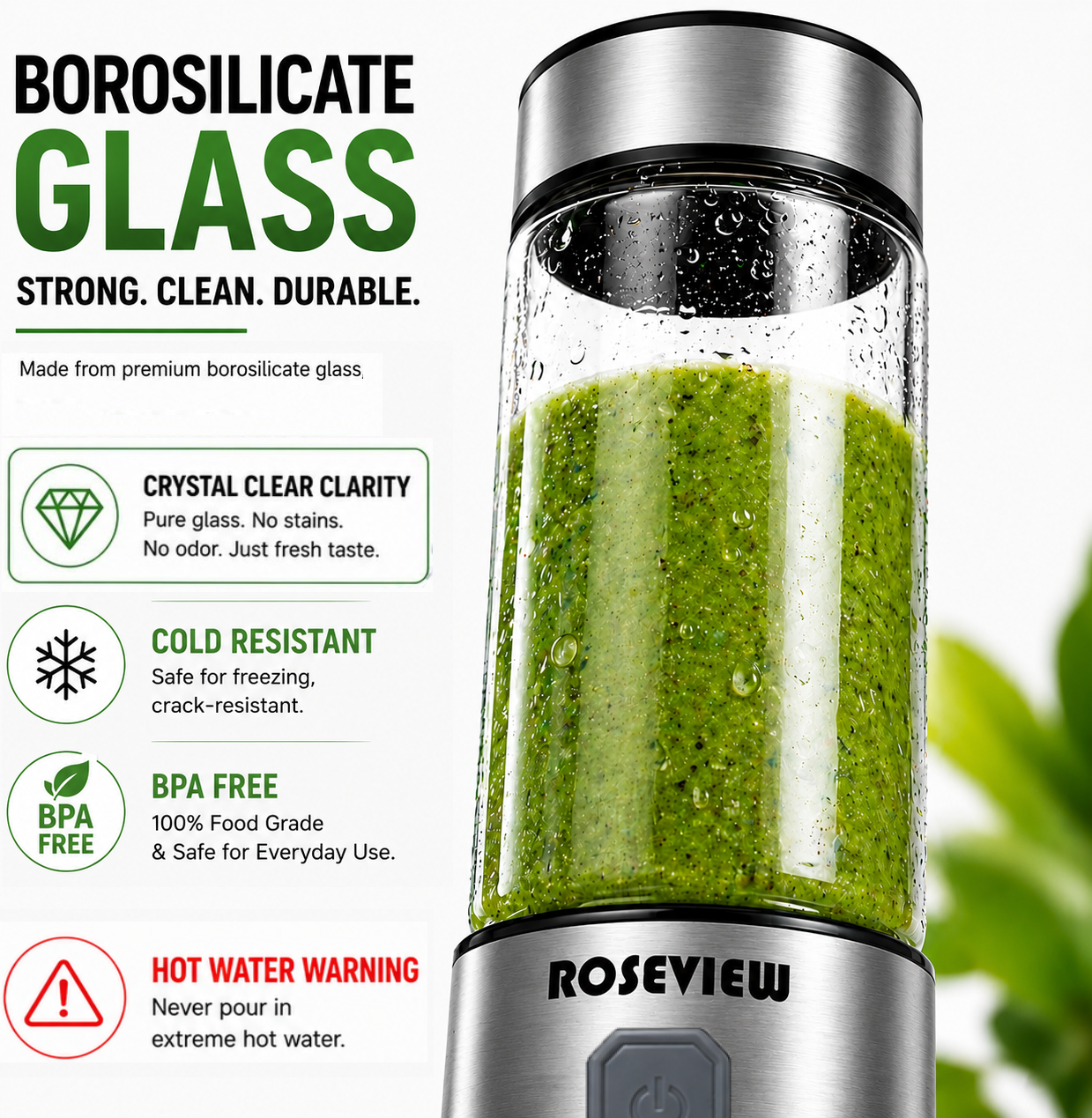 ROSEVIEW Blender Smoothie Portable pour smoothies Bouteille en verre Mini USB rechargeable Portable 2 vitesses alimenté par batterie jet manuel mélange Shakes Cup mélangeur presse-agrumes sans fil melangeur portatif maker jet Mixer (CA, Winsor Red) 