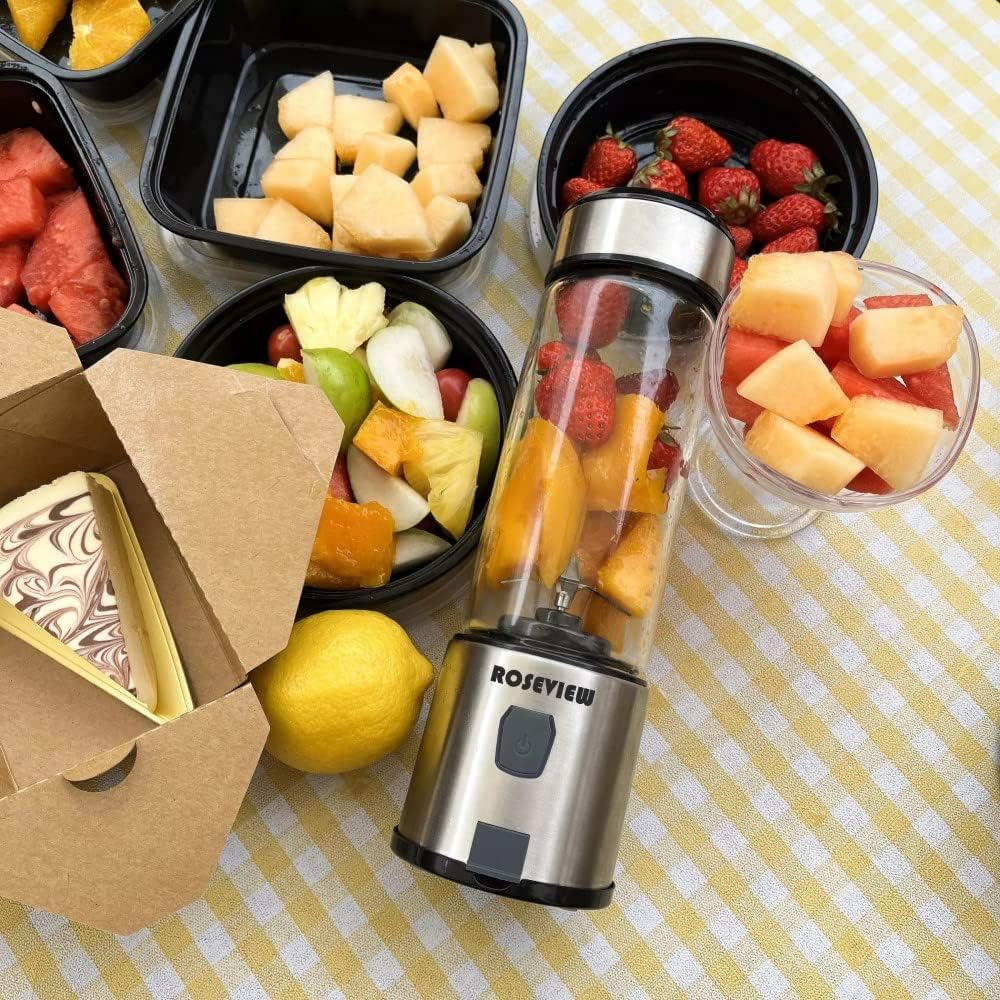 ROSEVIEW Blender Smoothie Portable pour smoothies Bouteille en verre Mini USB rechargeable Portable 2 vitesses alimenté par batterie jet manuel mélange Shakes Cup mélangeur presse-agrumes sans fil melangeur portatif maker jet Mixer (CA, Winsor Red) 