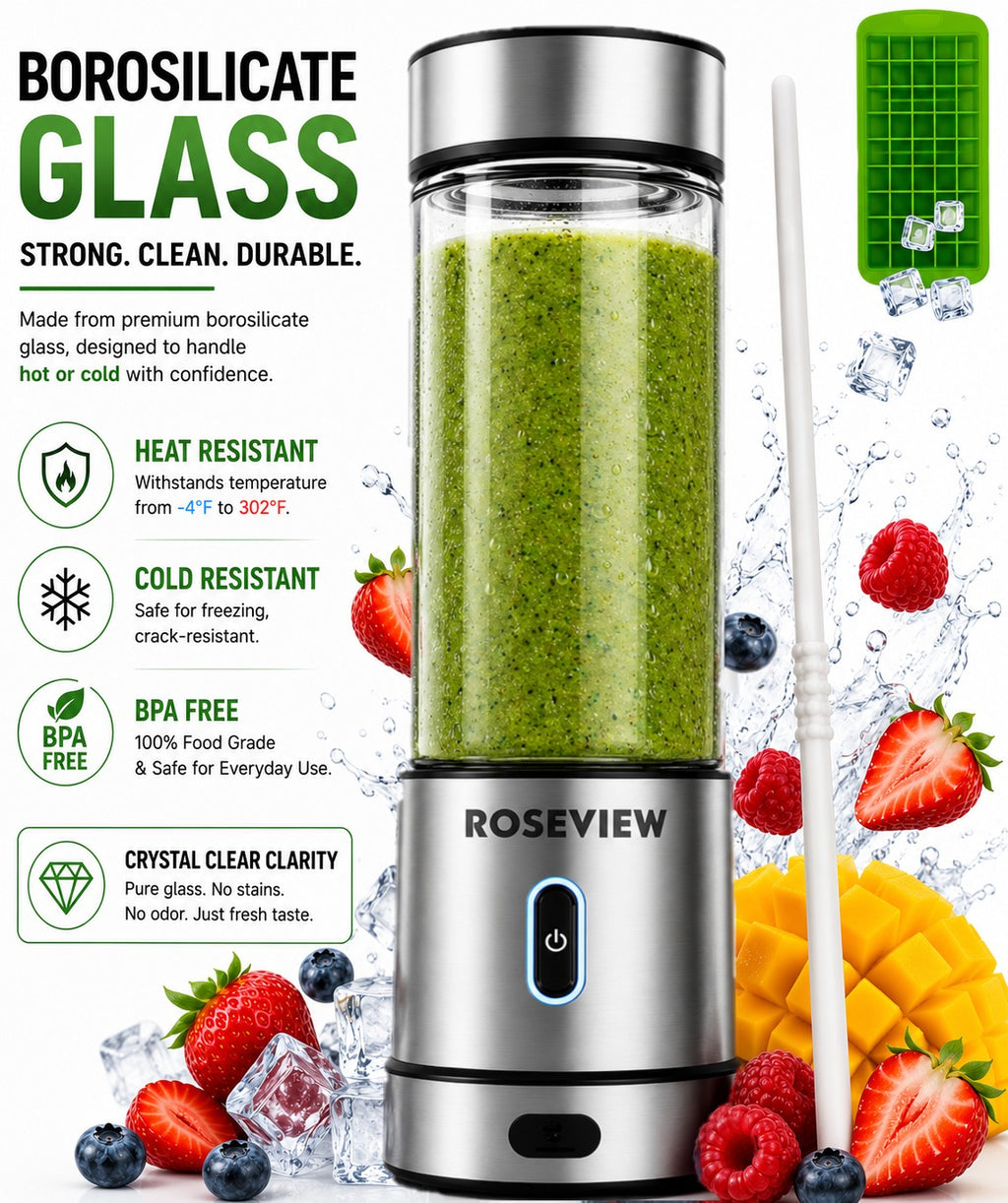 Portable Smoothie blender ROSEVIEW Glass bottle 200W Power USB rechargeable mini Handheld Ice Shakes Cup blend juicer Cordless blender Personal smoothies maker Fruit mixer