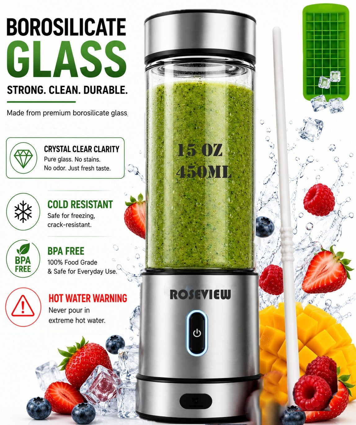 Portable Smoothie blender ROSEVIEW Glass bottle 200W Power USB rechargeable mini Handheld Ice Shakes Cup blend juicer Cordless blender Personal smoothies maker Fruit mixer