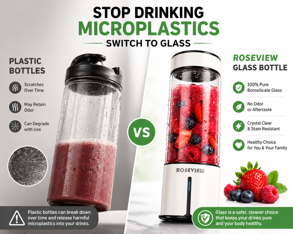 ROSEVIEW Blender Smoothie Portable jet blend smoothies Glass bottle Mini USB rechargeable Handheld battery hand Mixer Cup juicer Cordless (CA)