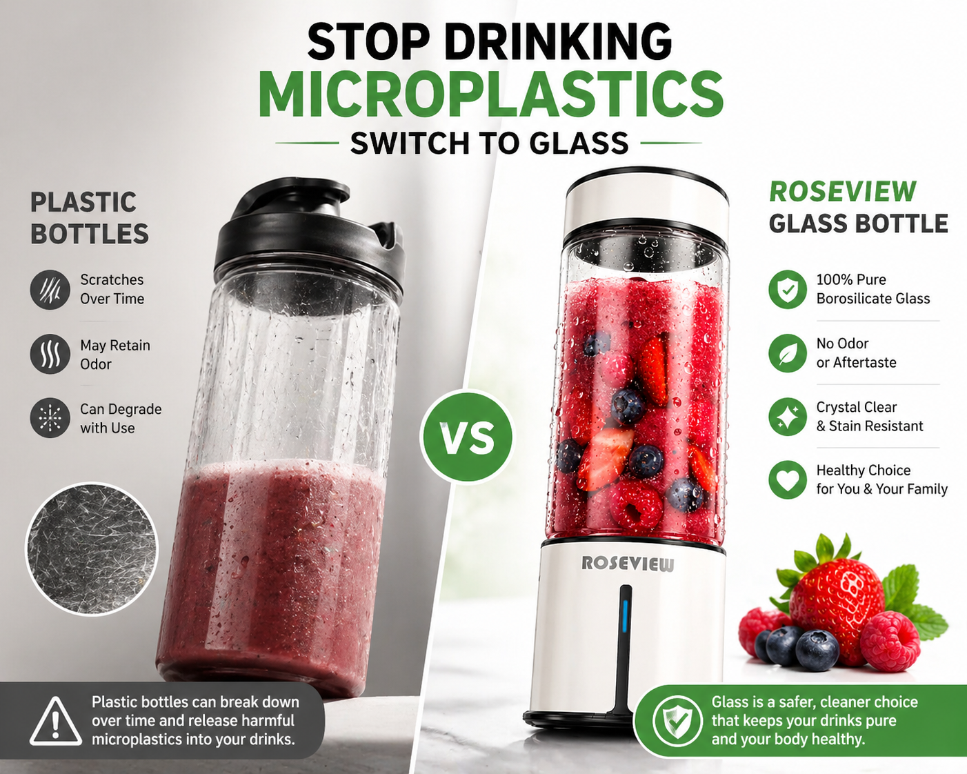 ROSEVIEW Blender Smoothie Portable jet blend smoothies Glass bottle Mini USB rechargeable Handheld battery hand Mixer Cup juicer Cordless (CA)