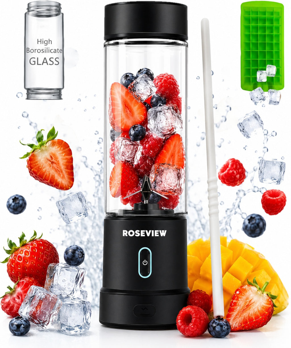 Portable Smoothie blender ROSEVIEW Glass bottle 200W Power USB rechargeable mini Handheld Ice Shakes Cup blend juicer Cordless blender Personal smoothies maker Fruit mixer