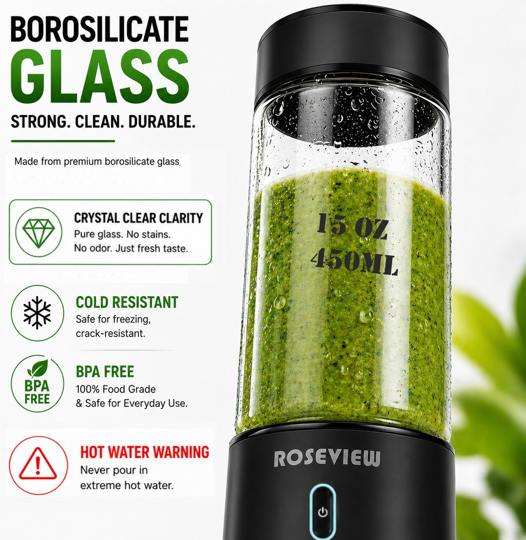 Portable Smoothie blender ROSEVIEW Glass bottle 200W Power USB rechargeable mini Handheld Ice Shakes Cup blend juicer Cordless blender Personal smoothies maker Fruit mixer