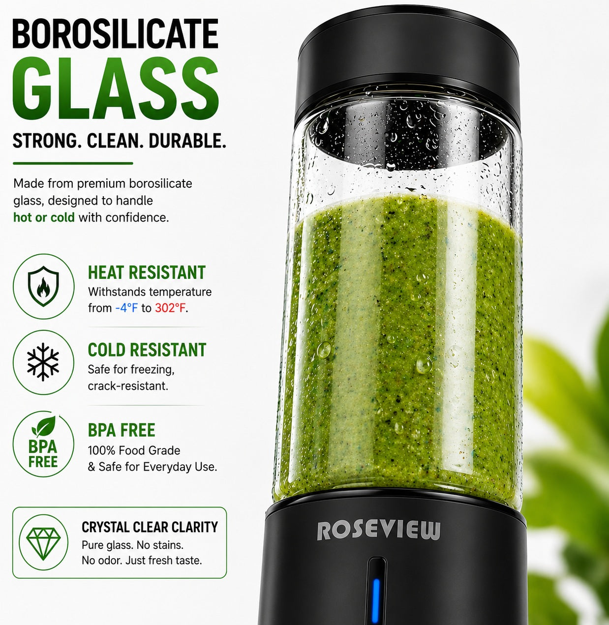 Portable Smoothie blender ROSEVIEW Glass bottle 200W Power USB rechargeable mini Handheld Ice Shakes Cup blend juicer Cordless blender Personal smoothies maker Fruit mixer