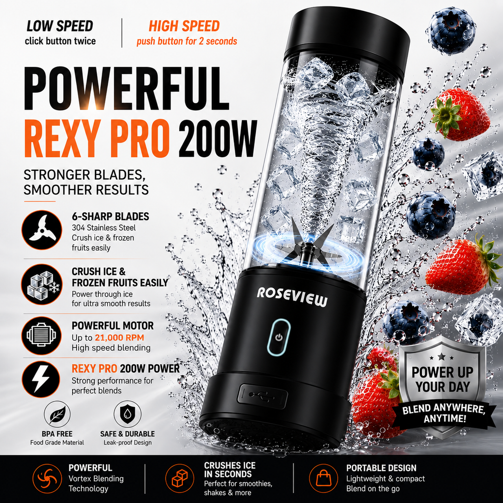 Portable Smoothie blender ROSEVIEW Glass bottle 200W Power USB rechargeable mini Handheld Ice Shakes Cup blend juicer Cordless blender Personal smoothies maker Fruit mixer