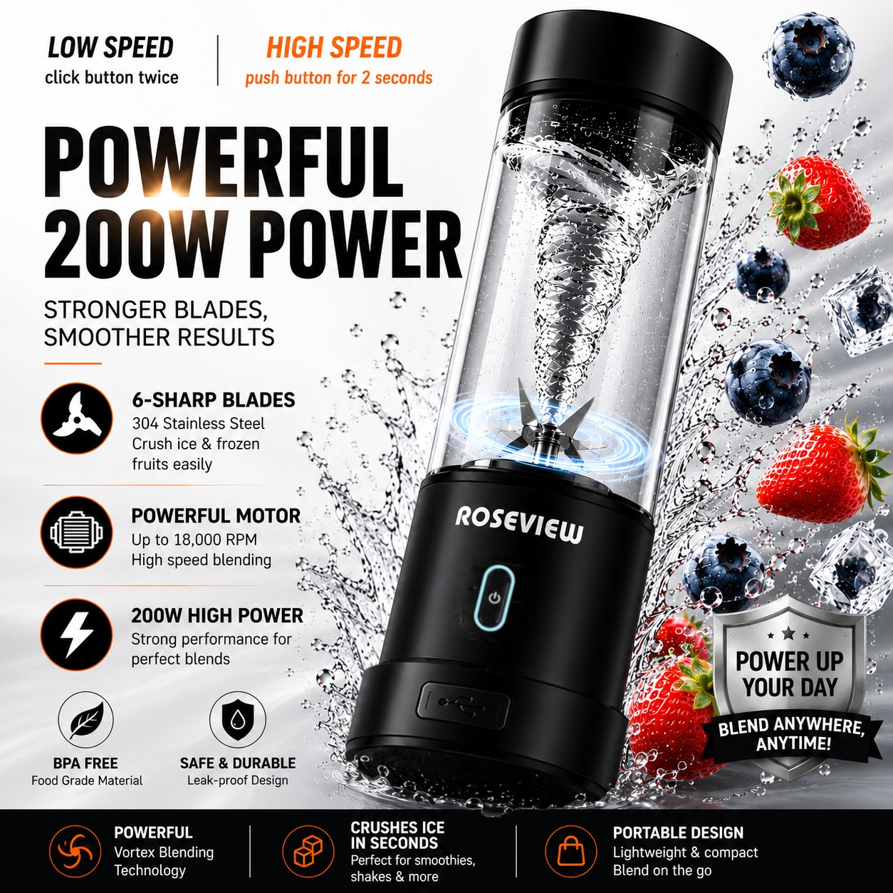 Portable Smoothie blender ROSEVIEW Glass bottle 200W Power USB rechargeable mini Handheld Ice Shakes Cup blend juicer Cordless blender Personal smoothies maker Fruit mixer