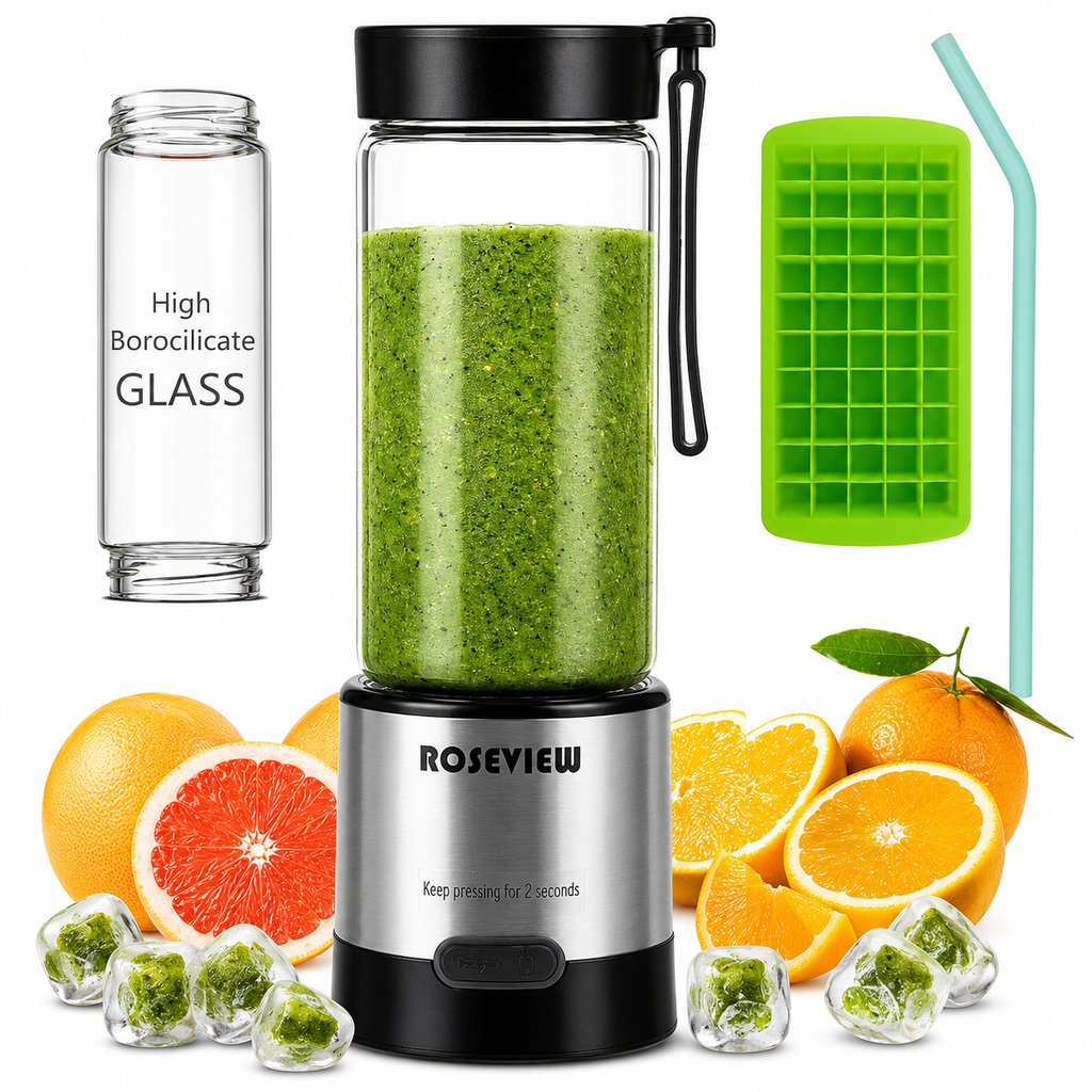 ROSEVIEW Blender Smoothie Portable for smoothies Glass bottle Mini USB rechargeable Handheld jet blend battery Shakes Cup juicer (CA)