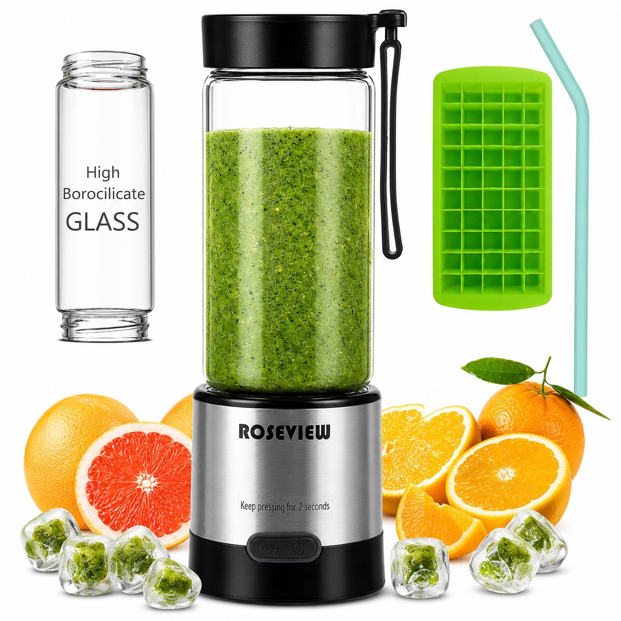 ROSEVIEW Blender Smoothie Portable for smoothies Glass bottle Mini USB rechargeable Handheld jet blend battery Shakes Cup juicer (CA)