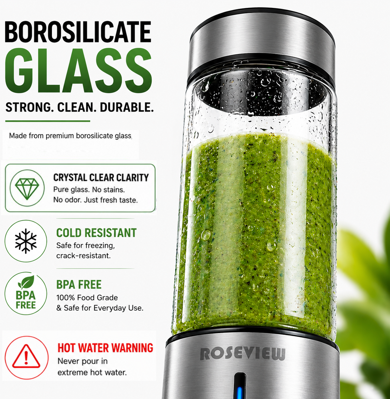 ROSEVIEW Portable Blender Smoothy blenders Glass Bottle Smoothie Mini Juicer Smoothies Mixer Maker Cordless juicer Travel Fruit Personal mixeur Cup melangeur Shake USB Rechargeable (CA, Metallic Steel)