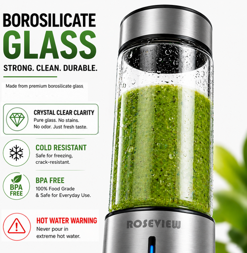 ROSEVIEW Mixeur Portable Mixeur Smoothie Bouteille en Verre Mini Presse-Agrumes Mixeur Smoothies Mixeur Presse-Agrumes Sans Fil Voyage Fruits Mixeur Personnel Tasse melangeur Shake USB Rechargeable (CA, Acier Métallique) 