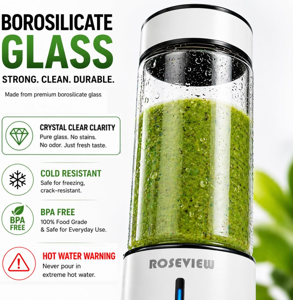 ROSEVIEW Blender Smoothie Portable jet blend smoothies Glass bottle Mini USB rechargeable Handheld battery hand Mixer Cup juicer Cordless (CA)