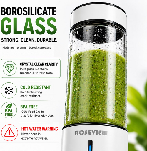 ROSEVIEW Blender Smoothie Portable jet blend smoothies Glass bottle Mini USB rechargeable Handheld battery hand Mixer Cup juicer Cordless (CA)
