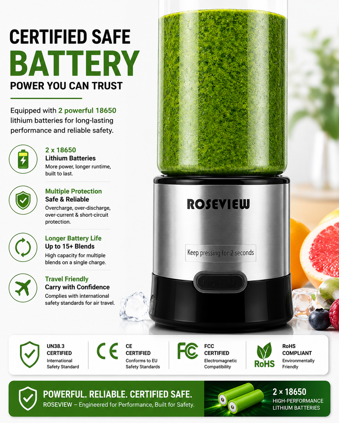 ROSEVIEW Blender Smoothie Portable for smoothies Glass bottle Mini USB rechargeable Handheld jet blend battery Shakes Cup juicer (CA)