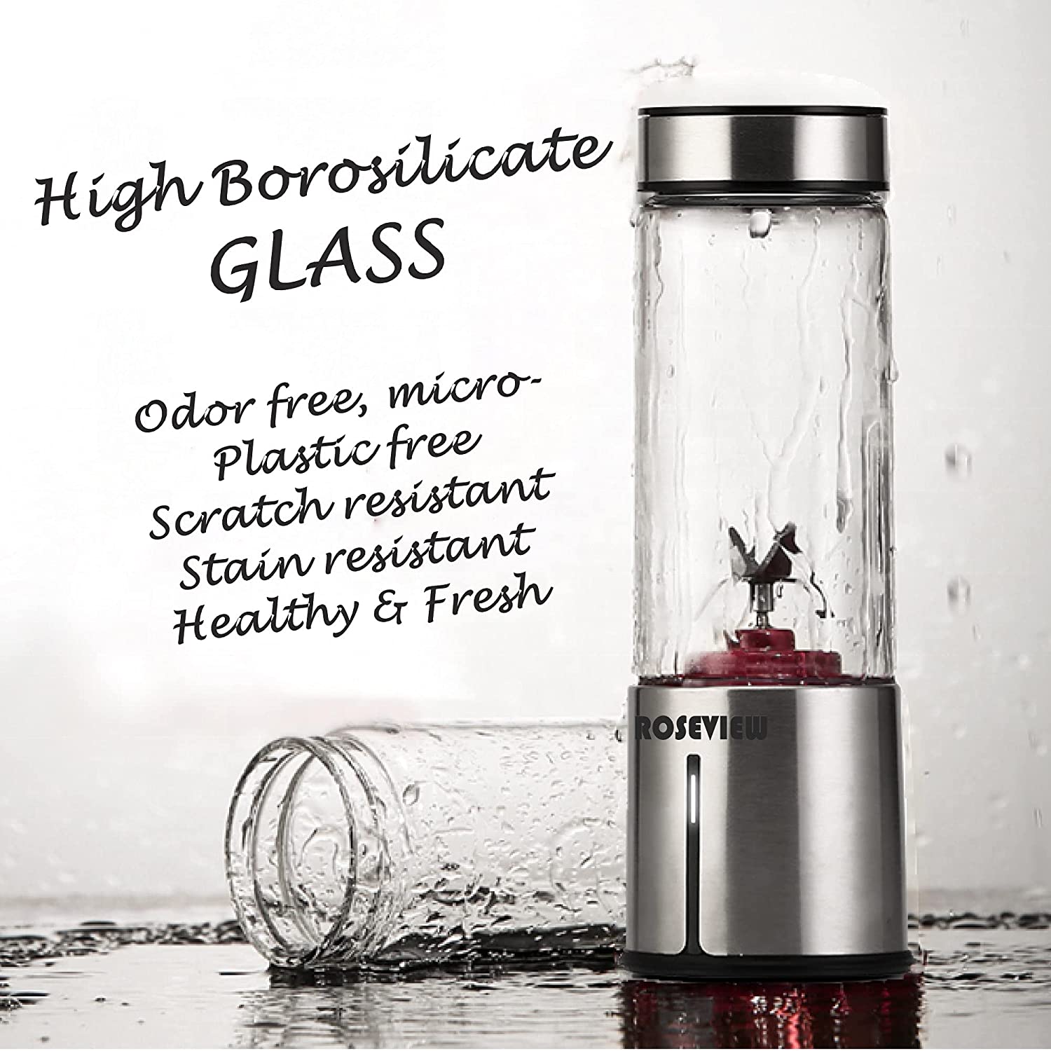 ROSEVIEW Blender Smoothie Portable for smoothies Glass bottle Mini USB rechargeable Handheld 2 Speed battery powered hand jet blend Shakes Cup mélangeur fruit juicer Cordless melangeur portatif maker jet Mixer