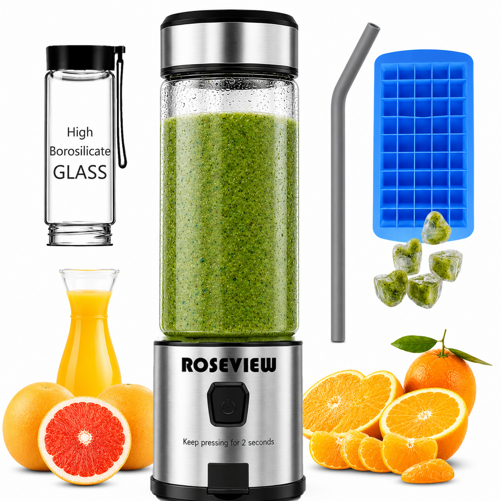 ROSEVIEW Blender Smoothie Portable pour smoothies Bouteille en verre Mini USB rechargeable Portable 2 vitesses alimenté par batterie jet manuel mélange Shakes Cup mélangeur presse-agrumes sans fil melangeur portatif maker jet Mixer (CA, Winsor Red) 