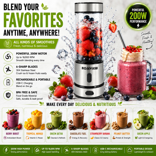 Portable Smoothie blender ROSEVIEW Glass bottle 200W Power USB rechargeable mini Handheld Ice Shakes Cup blend juicer Cordless blender Personal smoothies maker Fruit mixer