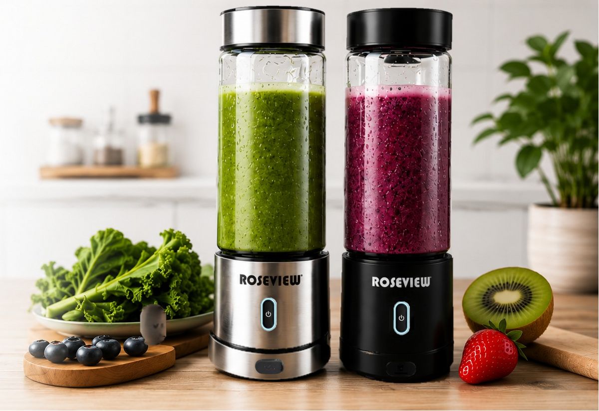 Two Roseview portable blender bottles shown on a kitchen counter, one filled with green smoothie and one with pink smoothie, with fresh fruit and vegetables around them. Text on the left reads 'Blend Anywhere.