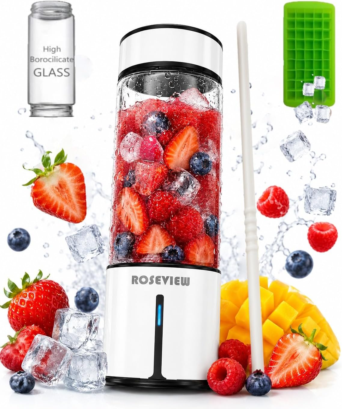 ROSEVIEW Blender Smoothie Portable jet blend smoothies Glass bottle Mini USB rechargeable Handheld battery hand Mixer Cup juicer Cordless (CA)