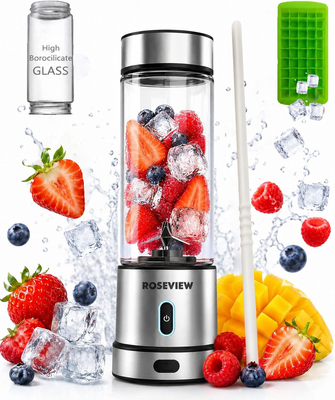 Portable Smoothie blender ROSEVIEW Glass bottle 200W Power USB rechargeable mini Handheld Ice Shakes Cup blend juicer Cordless blender Personal smoothies maker Fruit mixer