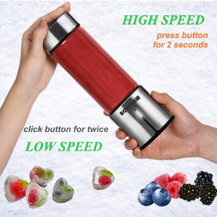 ROSEVIEW Blender Smoothie Portable pour smoothies Bouteille en verre Mini USB rechargeable Portable 2 vitesses alimenté par batterie Mélangeur à main Shakes Cup Presse-agrumes sans fil Mélangeur à jet (US, Inox) 