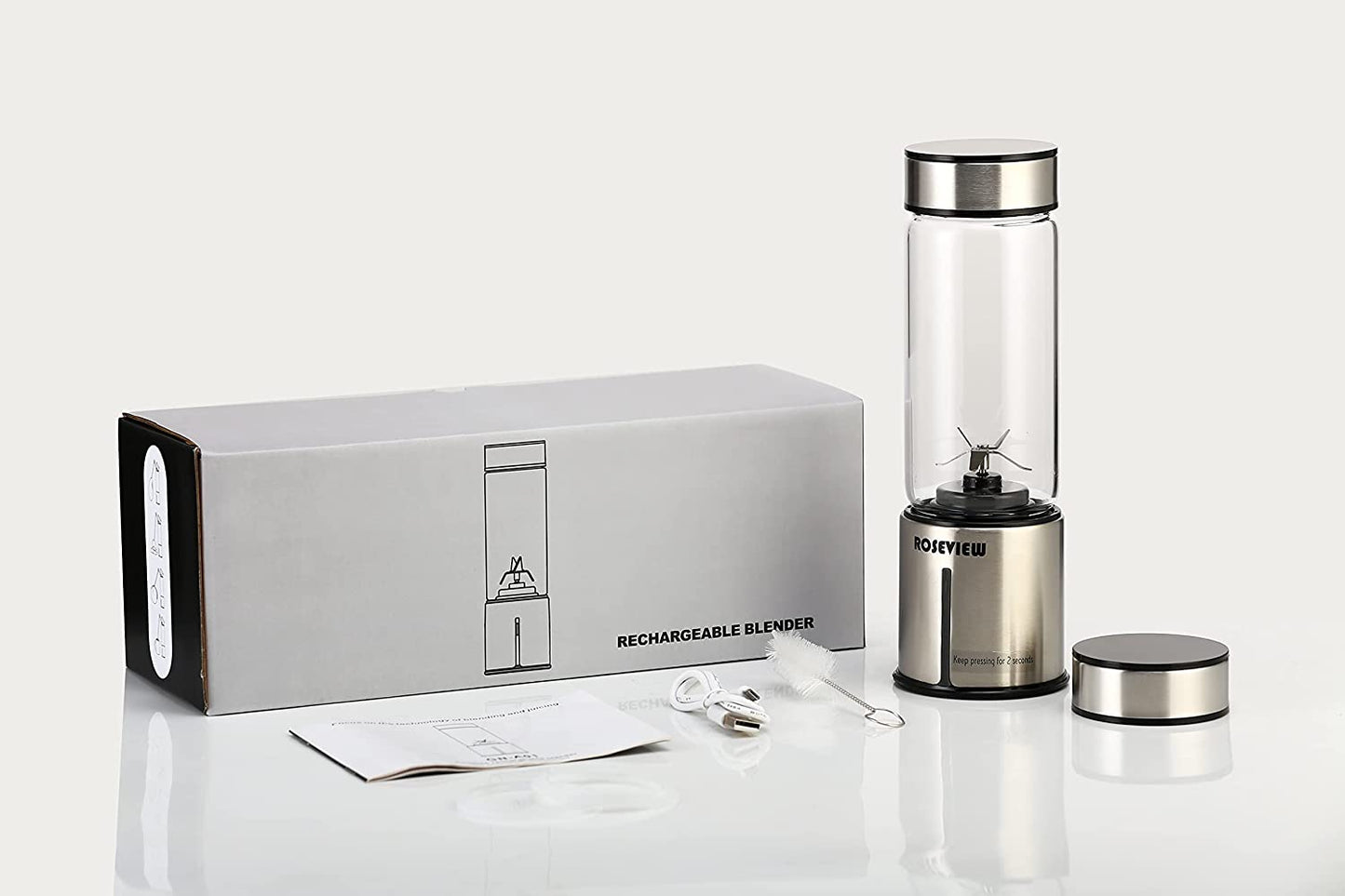 ROSEVIEW Blender Smoothie Portable pour smoothies Bouteille en verre Mini USB rechargeable Portable 2 vitesses alimenté par batterie Mélangeur à main Shakes Cup Presse-agrumes sans fil Mélangeur à jet (US, Inox) 