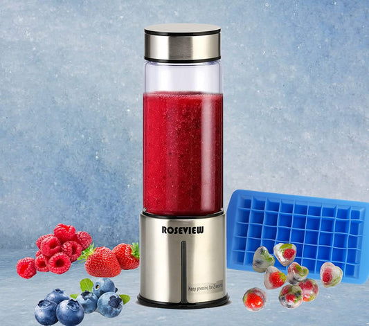 ROSEVIEW Blender Smoothie Portable pour smoothies Bouteille en verre Mini USB rechargeable Portable 2 vitesses alimenté par batterie Mélangeur à main Shakes Cup Presse-agrumes sans fil Mélangeur à jet (US, Inox) 