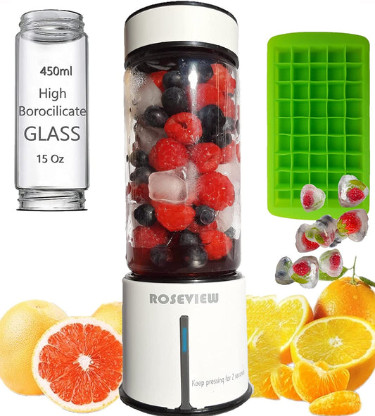 ROSEVIEW Blender Smoothie Portable jet blend smoothies Glass bottle Mini USB rechargeable Handheld 2 speed battery powered hand Mixer Shakes Cup fruit juicer Cordless maker (CA, White)