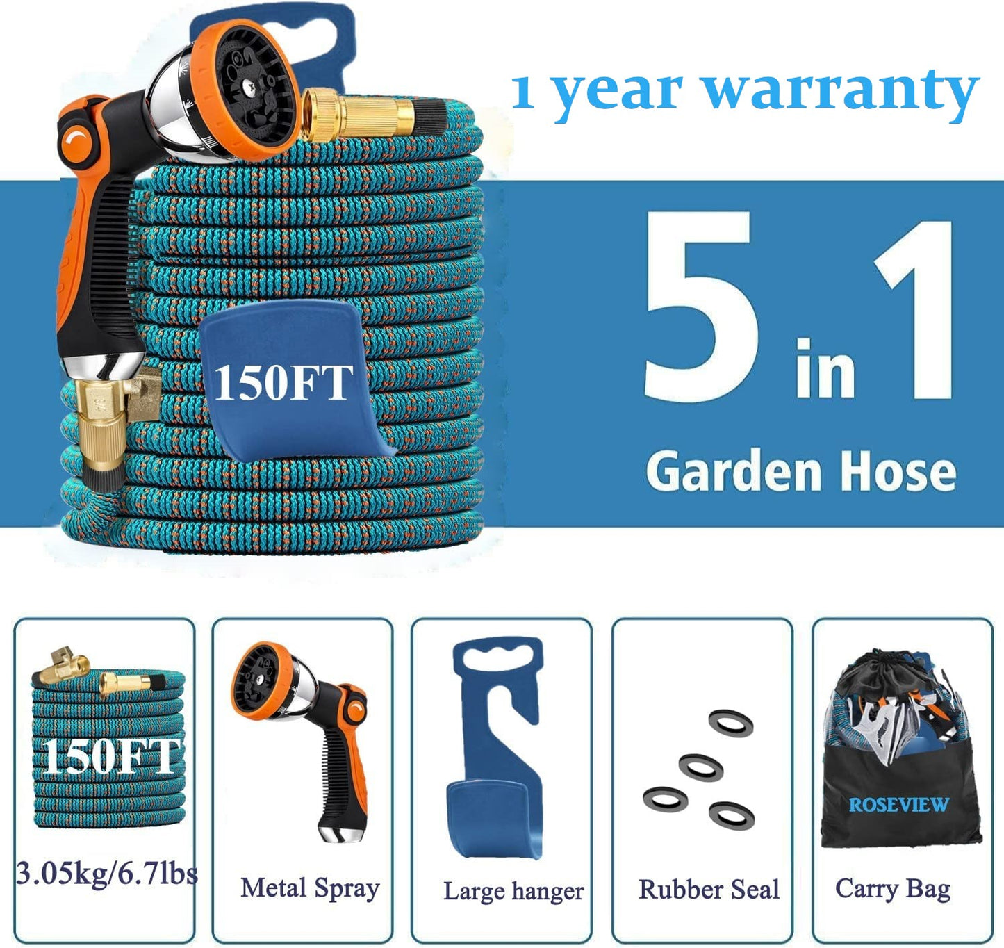 Garden Hose Expandable 50ft 75ft 100ft 150ft 200ft Expanding 50 75 feet 100 foot 150 200 ft (CA, BlueOrange)