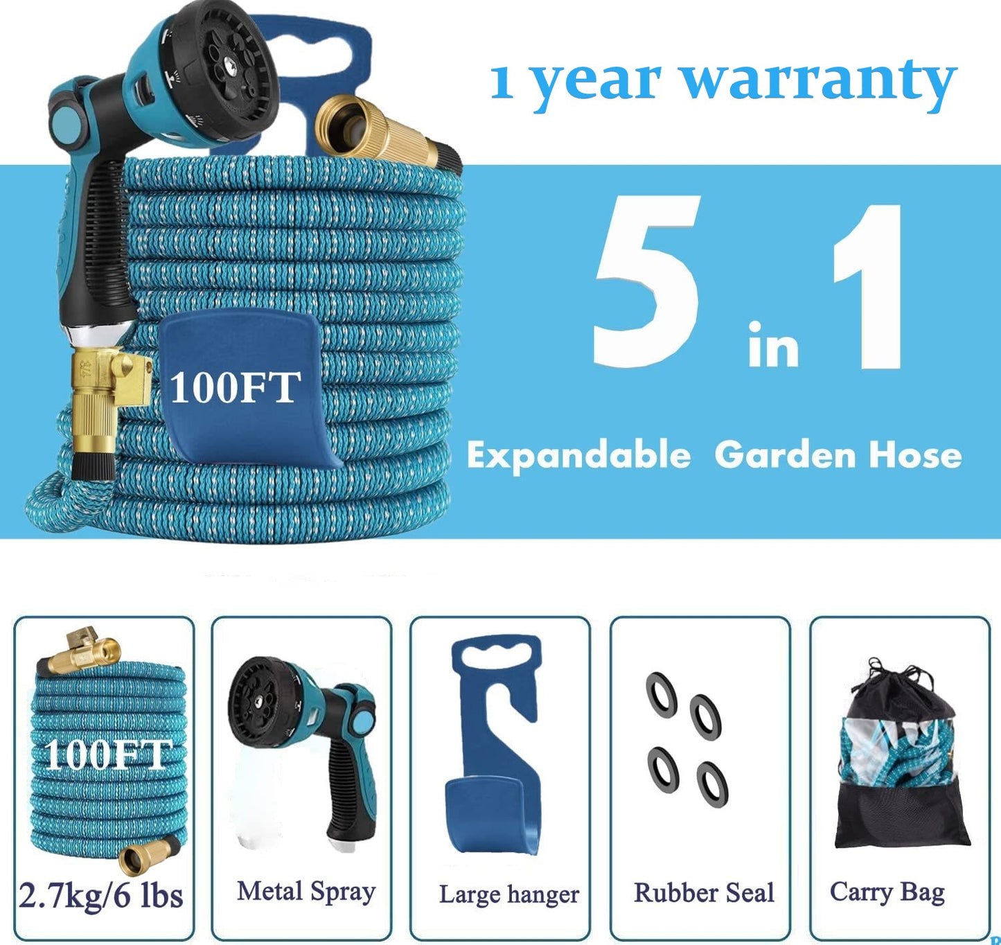 Garden Hose Expandable 50ft75ft 100ft 150ft 200ft Expanding 50 75 feet 100 foot 150 200 ft (CA, SkyBlue)