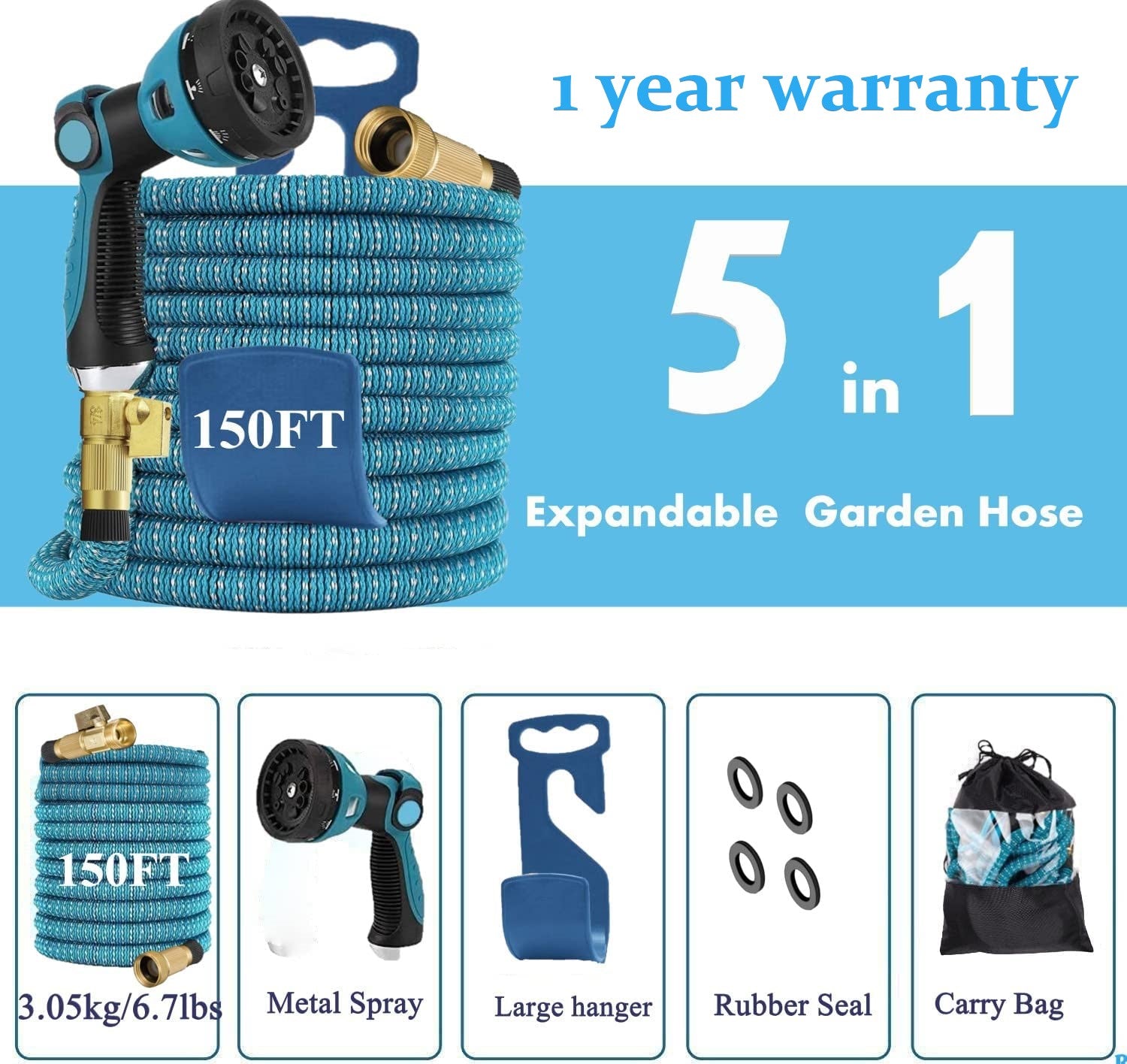 Tuyau d'arrosage extensible 50 pi 75 pi 100 pi 150 pi 200 pi Extensible 50 75 pi 100 pi 150 200 pi (CA, SkyBlue)