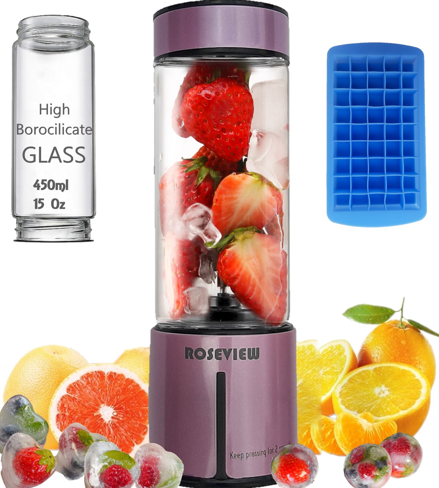 ROSEVIEW Smoothie Blender for smoothies, 15Oz handheld Glass jar Bottle, Mini Cordless USB rechargeable, One touch 2 Speed jet Blend, Fresh Healthy Travel Anywhere.  Portable Glass bottle Mini USB rechargeable Handheld battery powered hand Shakes Cup mélangeur juicer Cordless melangeur portatif maker Fruit Juice Mixer