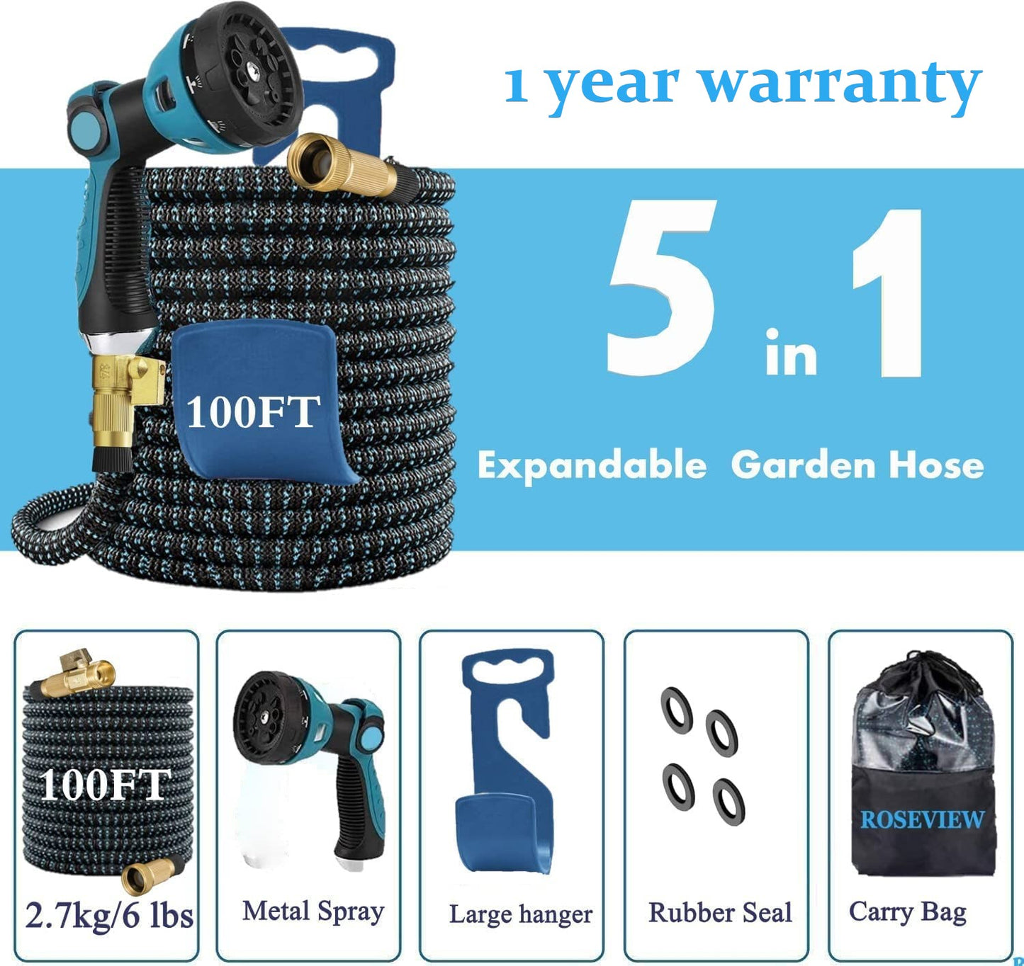 Garden Hose Expandable 50ft 75ft 100ft 150ft 200ft Expanding 50 75 feet 100 foot 150 200 ft (CA, DarkBlue)