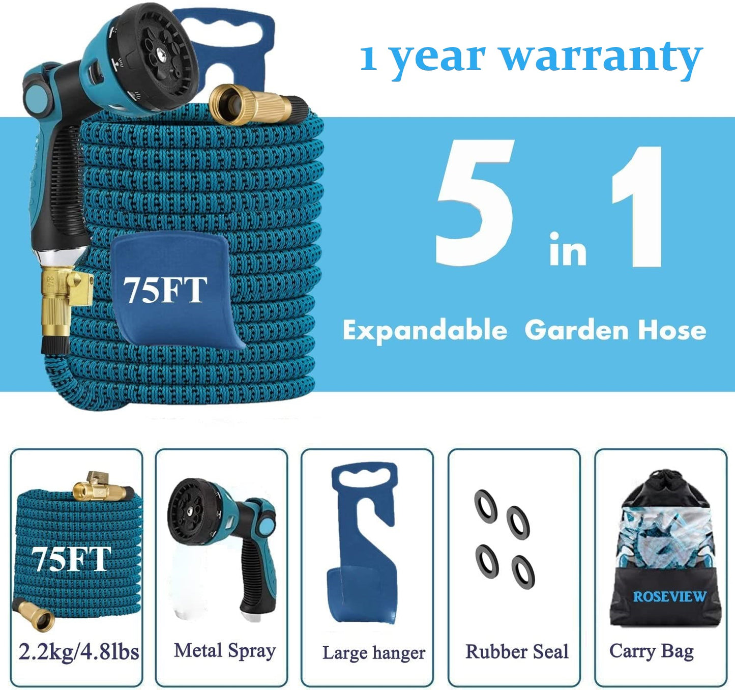 Garden Hose Expandable 50ft 75ft 100ft 150ft 200ft Expanding 50 75 feet 100 foot 150 200 ft (CA, LakeBlue)